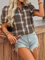Women's Plaid Puff Sleeve Western Casual Shirt - Image 3