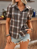 Women's Plaid Puff Sleeve Western Casual Shirt - Image 2