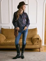 Women's Plaid Patchwork Western Button Casual Shirt - Image 4