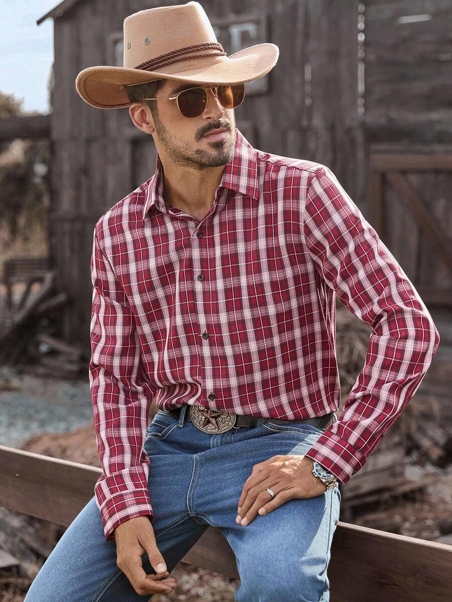 image-6cz212c Men's Casual Loose Plaid Western Long Sleeve Shirt - Image 1