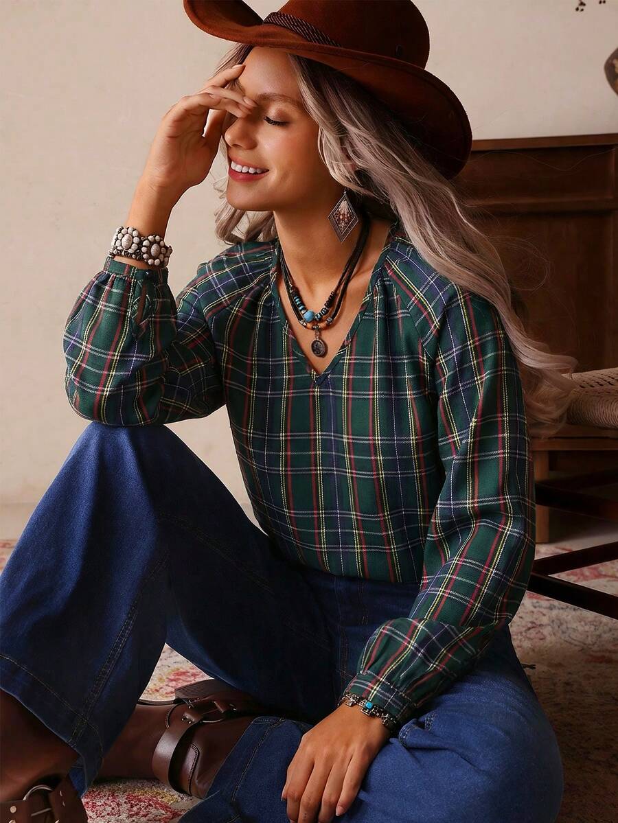 image-6uhd63 Women's Western Plaid V-Neck Long Sleeve Shirt - Image 1