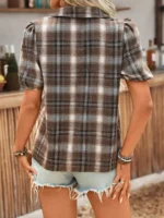 Women's Plaid Puff Sleeve Western Casual Shirt - Image 4