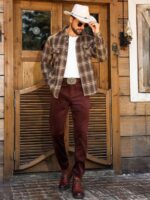 Men's Brown Plaid Flannel Button-Up Shacket - Image 3