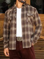 Men's Brown Plaid Flannel Button-Up Shacket - Image 2