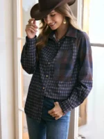 Women's Plaid Patchwork Western Button Casual Shirt - Image 2