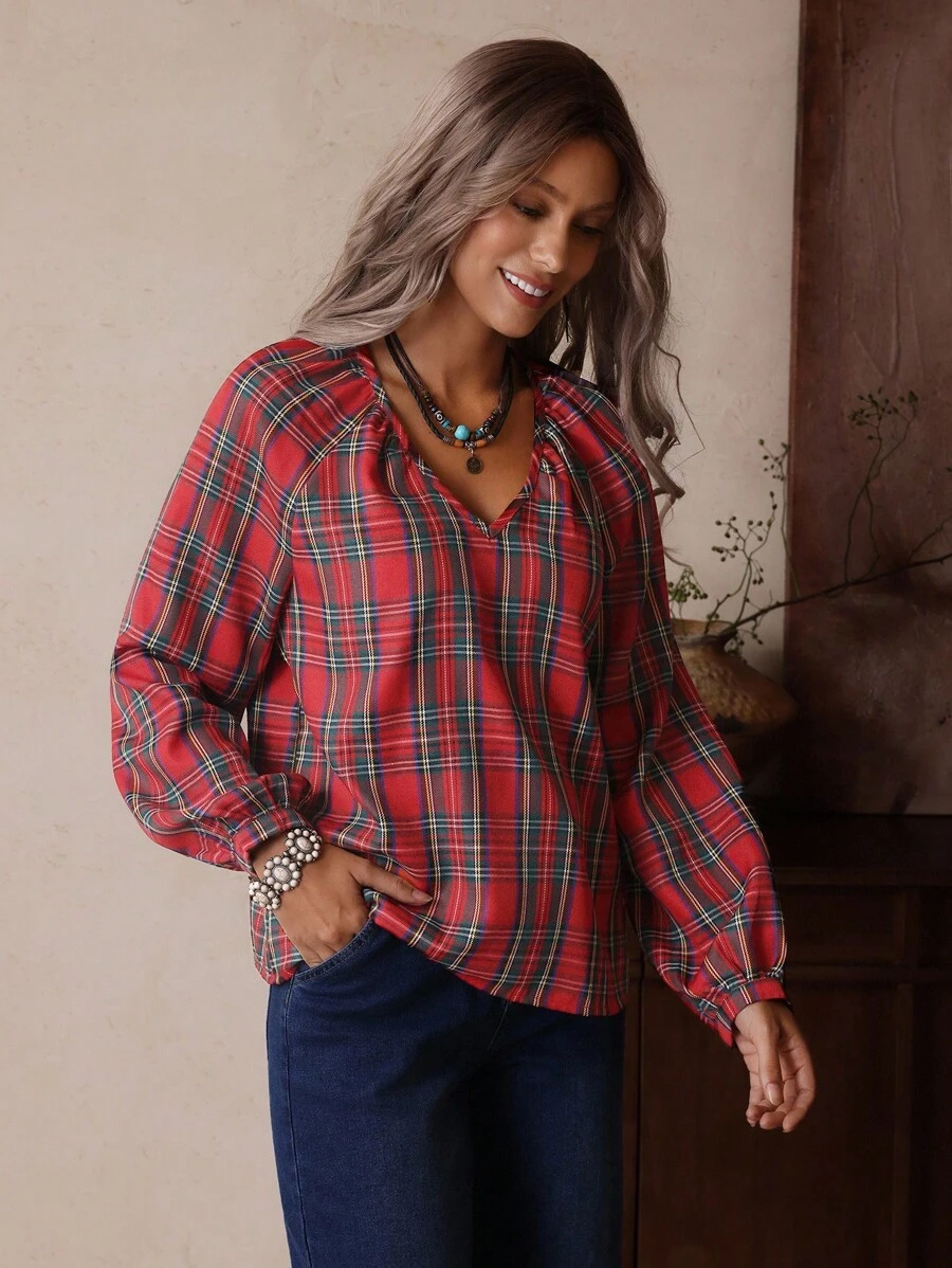 image-7czhcn Women's Loose Western Plaid Long Sleeve Shirt - Image 1