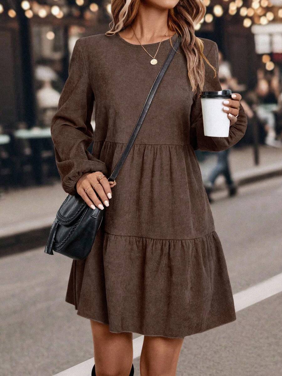 image-7czjc363 Women's Casual Loose Round Neck Ruffle Hem Dress - Image 1
