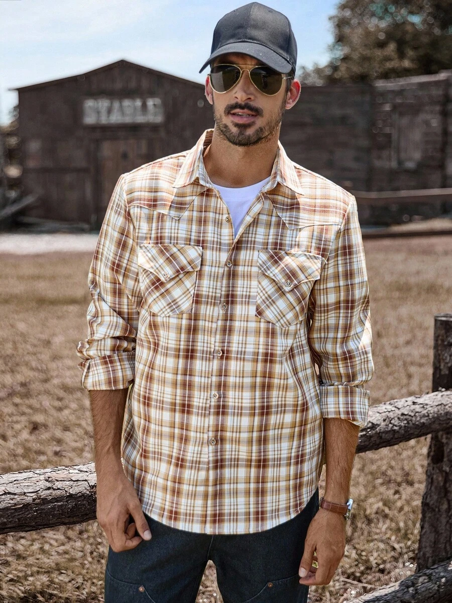 image-7czuhcjn Men's Plaid Cargo Pocket Casual Long Sleeve Shirt - Image 1