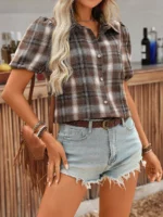 Women's Plaid Puff Sleeve Western Casual Shirt