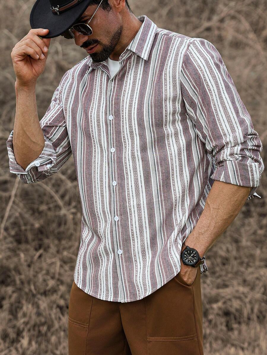 image-7zcbn5 Men's Vintage Striped Long Sleeve Casual Shirt - Image 1