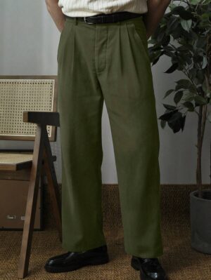 Men's Army Green Pleated Loose Straight Suit Pants