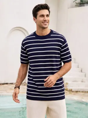 Men's Navy Blue Striped Lightweight Knit Short Sleeve Top
