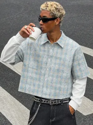 Men’s Light Blue Plaid Oversized Short Sleeve Shirt