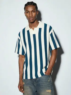 Men's Royal Blue Striped Knit Short Sleeve Polo Top
