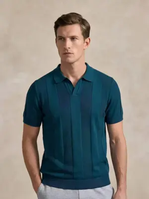 Men’s Teal Textured Stripe Knit Polo Shirt