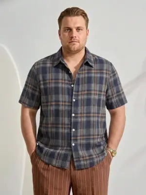 Men’s Navy Plaid Front Button Short Sleeve Casual Shirt
