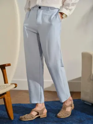Men's Blue Textured Cropped Business Casual Pants