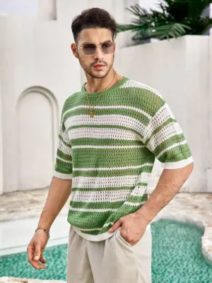 Men’s Green Striped Open-Knit Short Sleeve Top