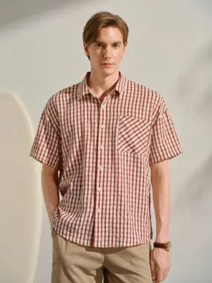 Men’s Red Plaid Loose Fit Short Sleeve Shirt