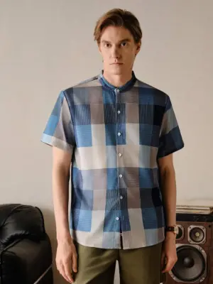 Men's Blue-Grey Plaid Stand Collar Short Sleeve Casual Shirt