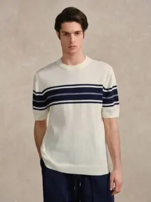 Men's White Striped Rib-Knit Short Sleeve Top