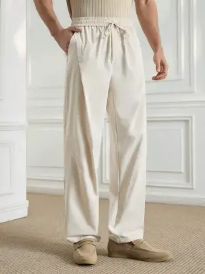 Men's Beige Solid Drawstring Straight Leg Casual Pants