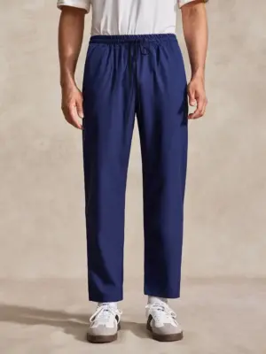 Men's Navy Blue Solid Drawstring Casual Pants